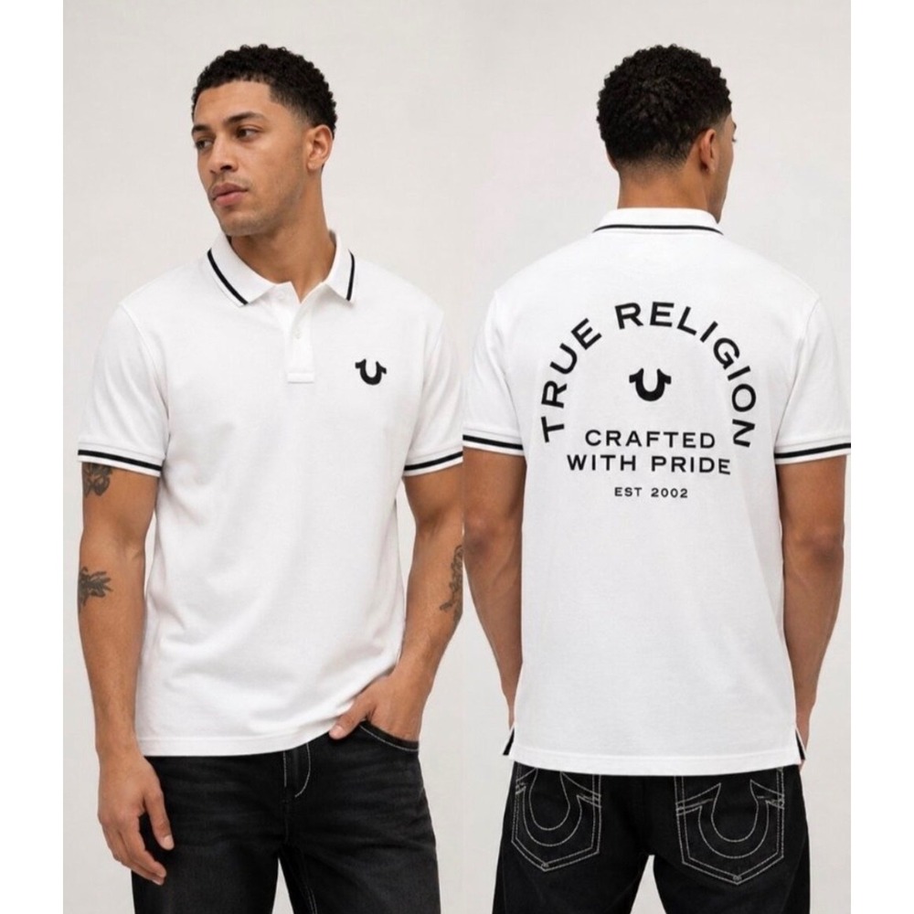 True Religion Men's Crafted With Pride Polo Shirt White with Black Trim Size XXL